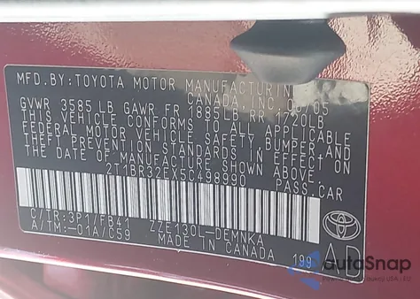 2005 Toyota Corolla Le z USA, uszkodzony, nr VIN 2T1BR32EX5C498990